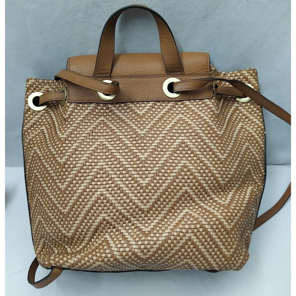 Michael Kors Junie Brown Chevron Woven Leather Drawstring Flap Closure Backpack - Picture 2 of 16